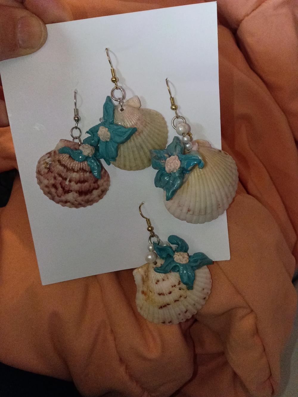 Handmade Seashell Earring Set with Teal Flower Accents